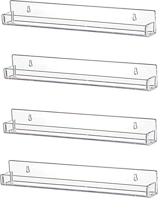 IEEK 4 PCS Floating Invisible Kids Bookshelf Wall Mounted Nail Polish Rack,Clear Acrylic Picture Ledge Vinyl Record Display Shelf Nail Polish Holder with Removable Anti-Slip End Inserts,15 inch