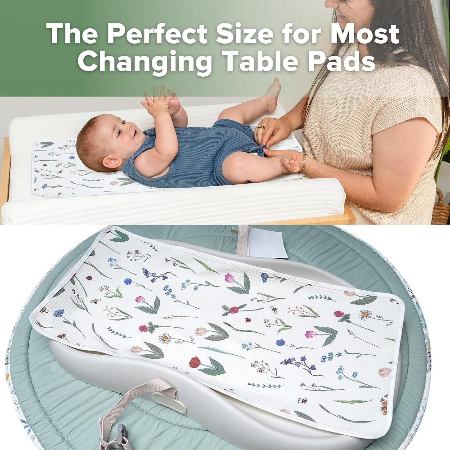 haakaa Waterproof Changing Pad Liners, 100% Cotton, Soft & Breathable (2pcs, 13" x 27.5" Honey Blossom+Spring Breeze)