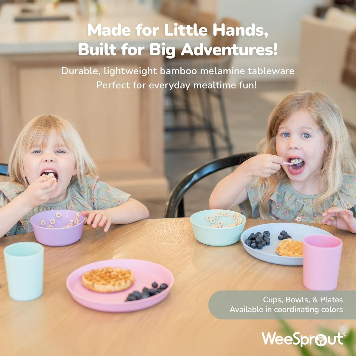 WeeSprout Bamboo Kids Bowls with Lids, Set of Four 15 oz Kid-Sized Bamboo Bowls, Bamboo Kid Bowls with Lids for Leftovers, Dishwasher Safe (Blue, Yellow, Orange, & Red)