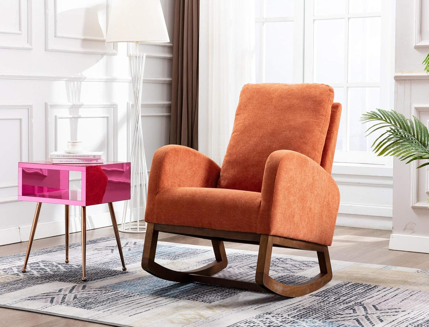Dolonm Rocking Chair Mid-Century Modern Nursery Rocking Armchair Upholstered Tall Back Accent Glider Rocker for Living Room (Orange)