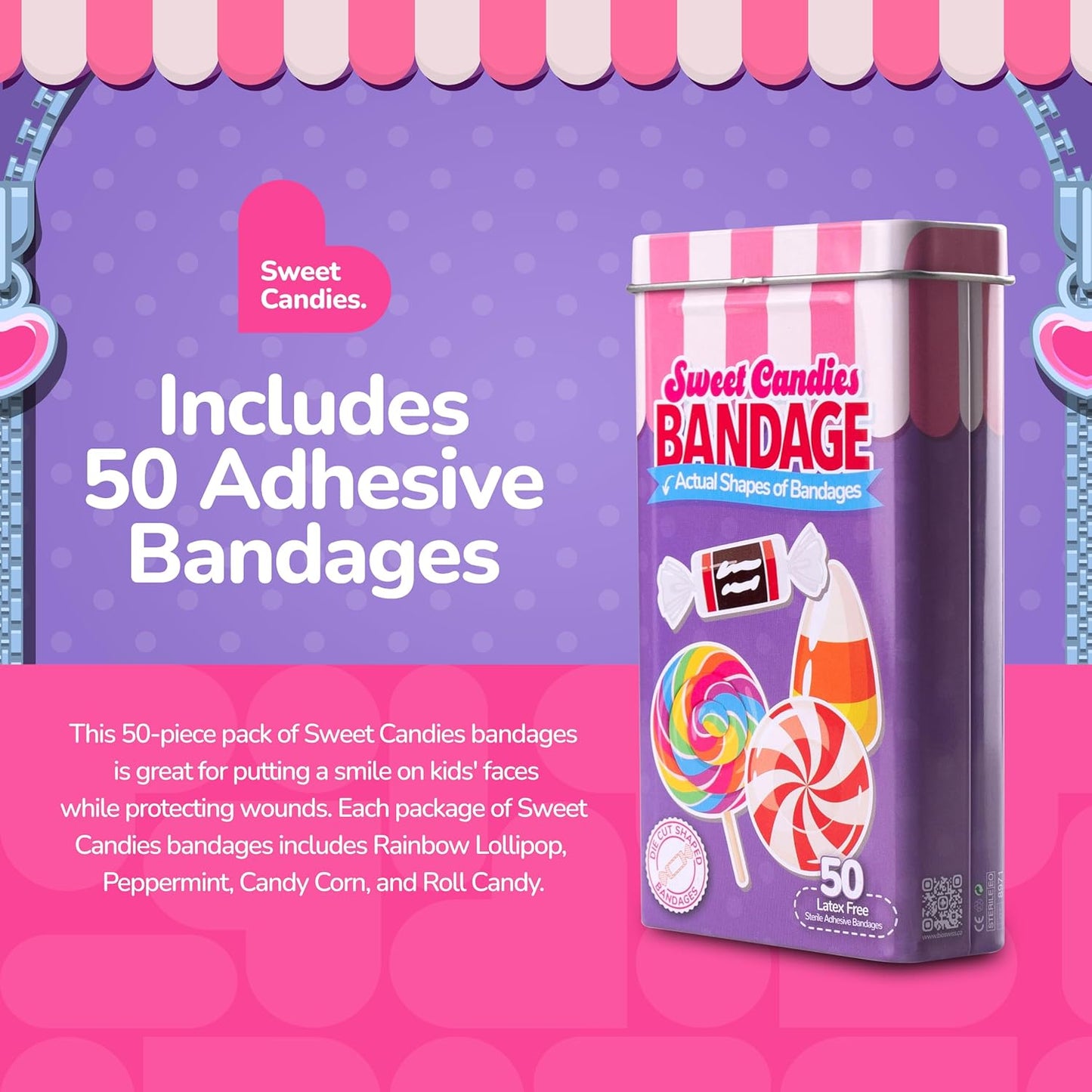 BioSwiss Bandages, Sweet Candies Shaped Self Adhesive Bandage, Latex Free Sterile Wound Care, Fun First Aid Kit Supplies for Kids and Adults, 50 Count
