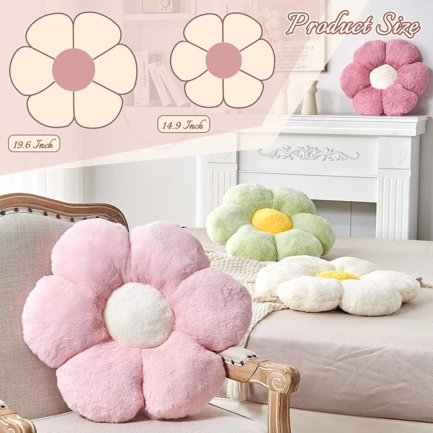 Hot Pink Flower Pillow, Cute Decorative Flower Shaped Throw Pillow with Faux Rabbit Fur, 14.9" Soft Flower Plush Throw Pillow Floor Pillows Room Décor for Bedroom Living Room