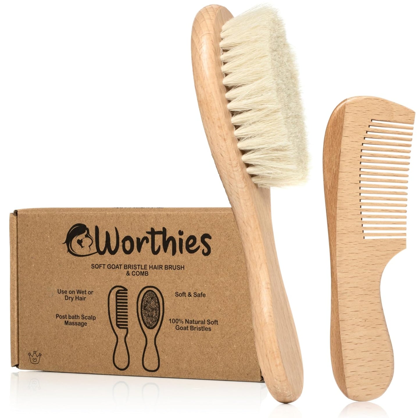 Baby Hair Brush & Comb Set, Wood Hair Brush with Soft Goat Bristles and Comb, Newborn Infant & Toddler for Cradle Cap