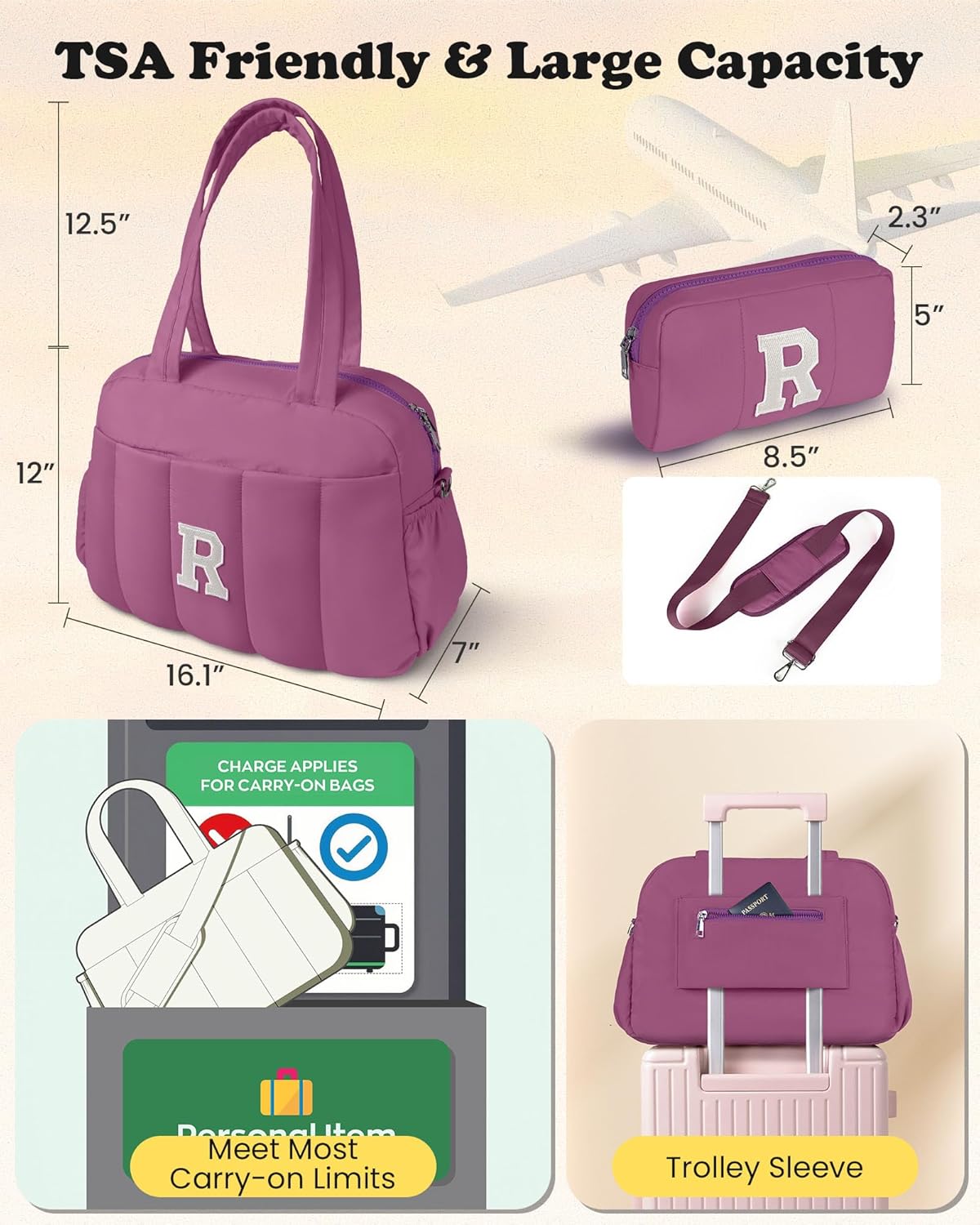 Duffle Bag with Initial, Spend The Night Bags for Women，Overnight Bag with Wet Pocket，Lightweight Travel Bags Personalized Gym Tote with Makeup Pouch