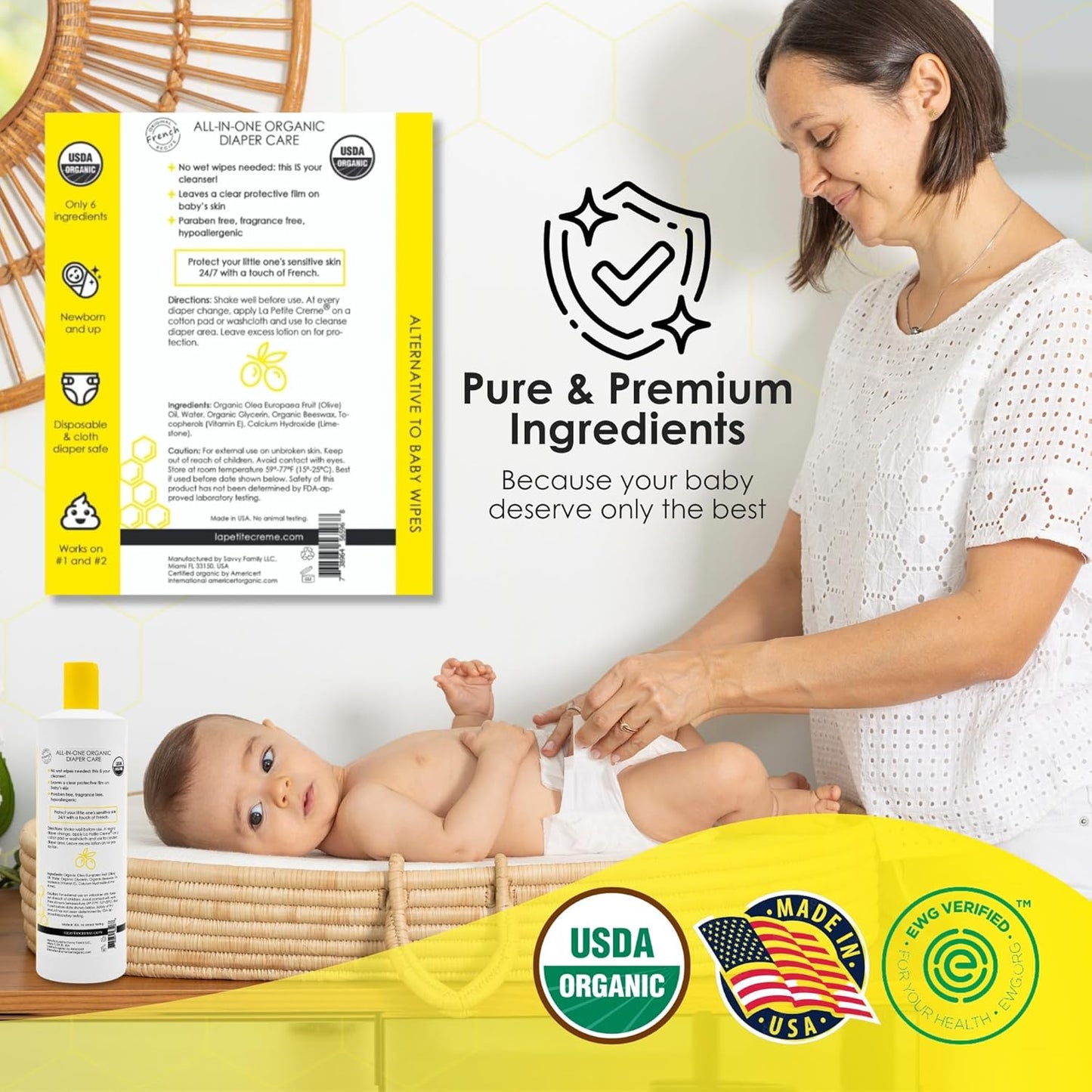 La Petite Creme French Premium Diapering Lotion - Diaper Cream Alternative to Baby Wipes - Moisturizer & Skin Cleanser - USDA Certified Organic Ingredients - Baby Essentials (2 Bottles of 20 oz)