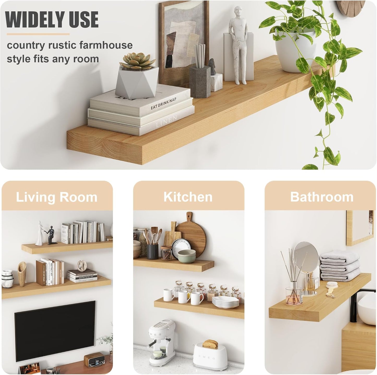 Floating Shelves for Wall, USA-Sourced Brich Wood 36 Inch Long Wall Shelves Set of 2, Natural Wooden Mounted Picture Ledge Shelf, Nursery Book Storage Shelf Kids Bookshelf, Display Shelf