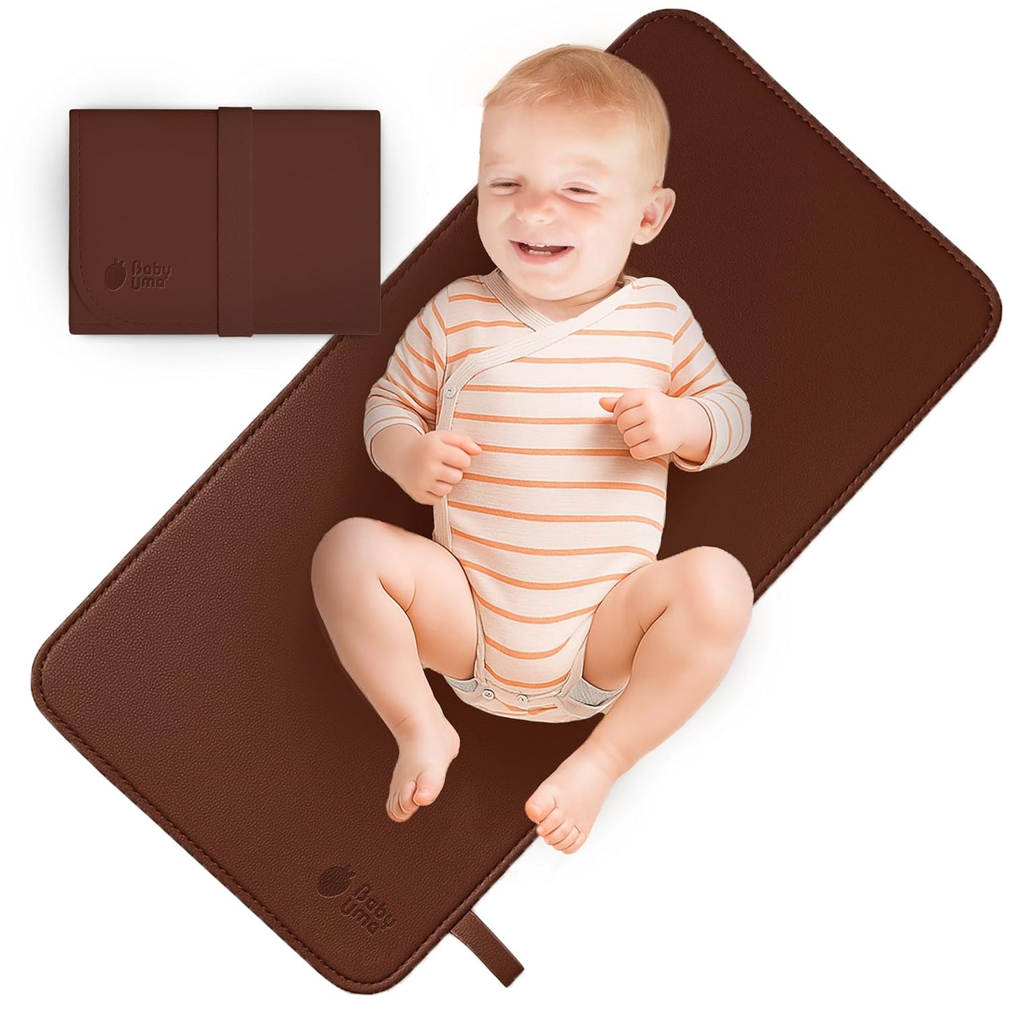 Baby Uma Vegan Leather Baby Changing Mat - Waterproof & Wipeable Changing Pad, XL for Growing Babies, Non-Toxic, Lead-Free & Phthalate-Free, Folds up for Easy Transport, 30″ x 16″ (Dark Brown)