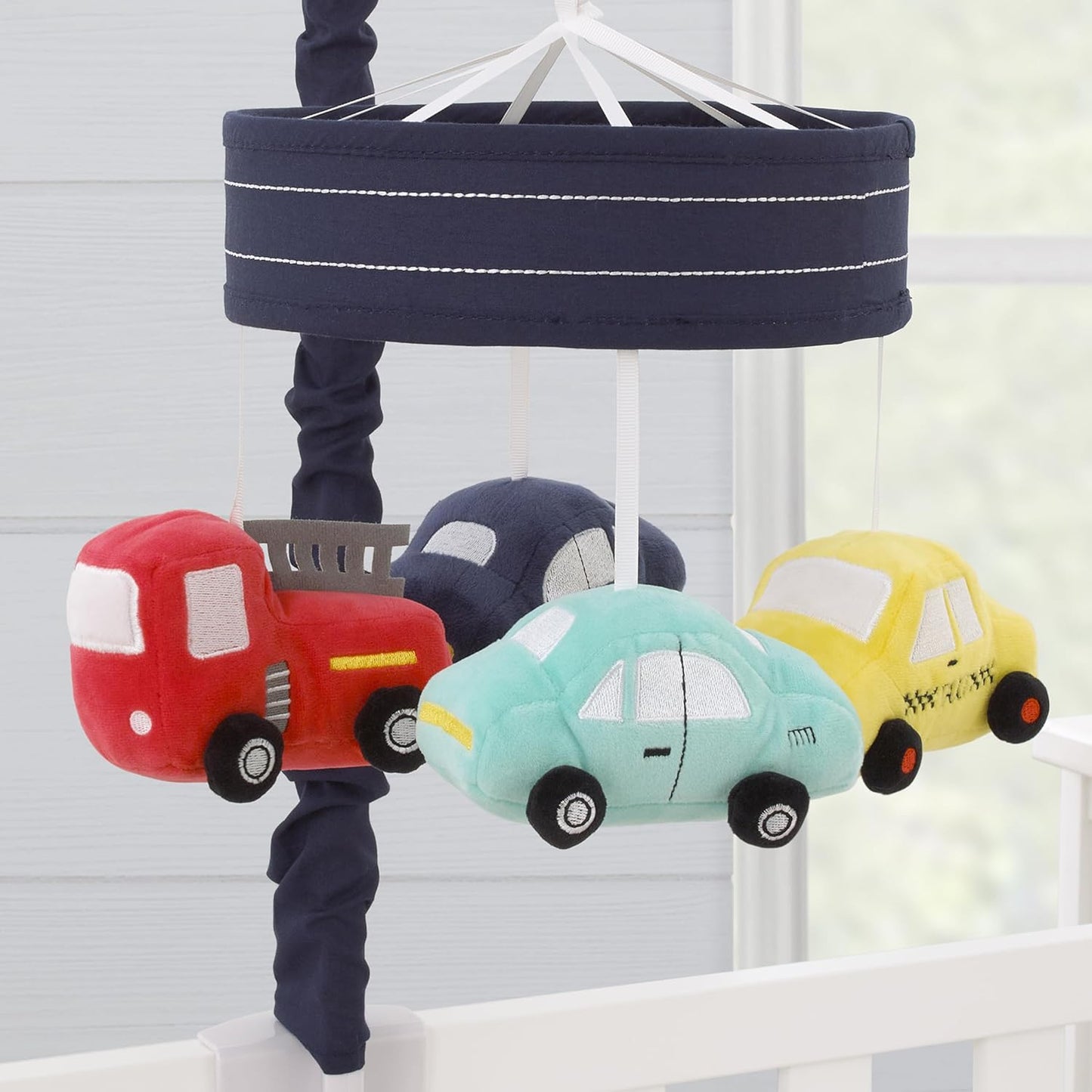 NoJo Transportation Trails Navy, Yellow, and Red Fire Engine, Cars, and Taxi Plush Musical Mobile