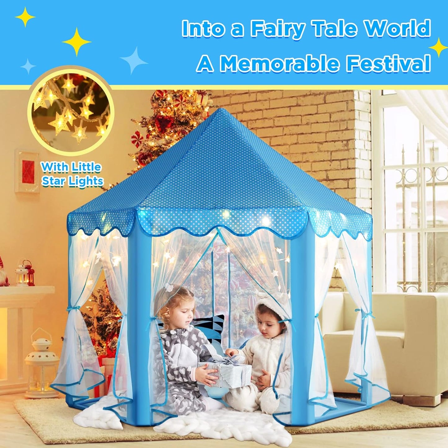 Monobeach Princess Tent Girls Large Playhouse Kids Castle Play Tent with Star Lights Toy for Children Indoor and Outdoor Games, 55'' x 53'' (DxH) (Blue Prinecss Tent with Little Star Lights)