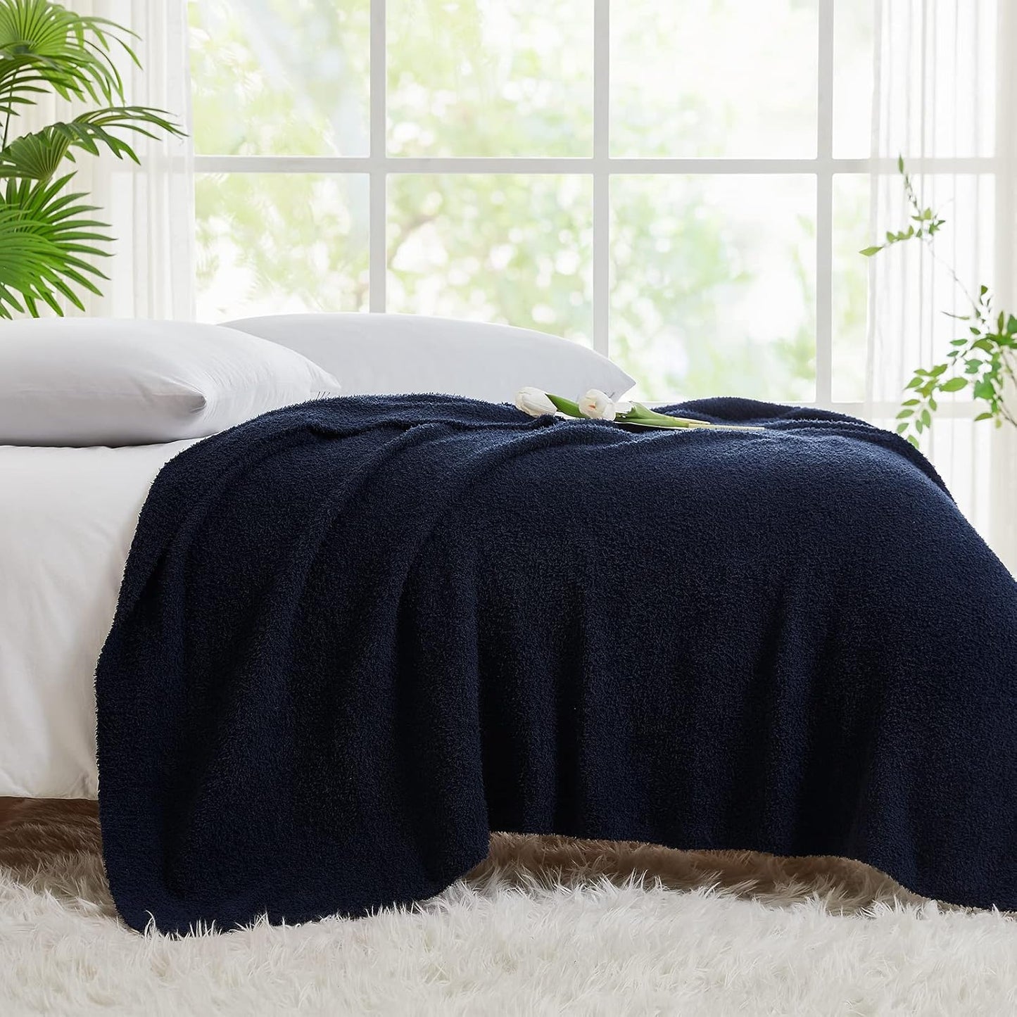 CYMULA Knit Throw Blanket for Couch Navy Blue-Super Soft Lightweight Plush Fuzzy Fluffy Cozy Blankets and Throws for Sofa Bed, 50x60 inches