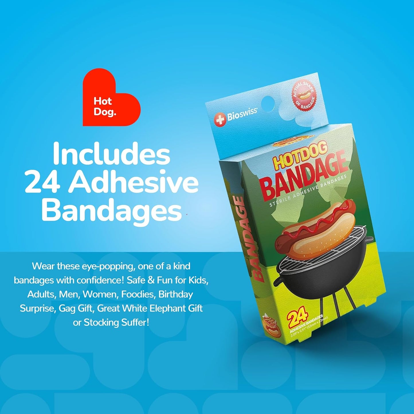 BioSwiss Bandages, Hot Dog Shaped Self Adhesive Bandage, Latex Free Sterile Wound Care, Fun First Aid Kit Supplies for Kids, 24 Count