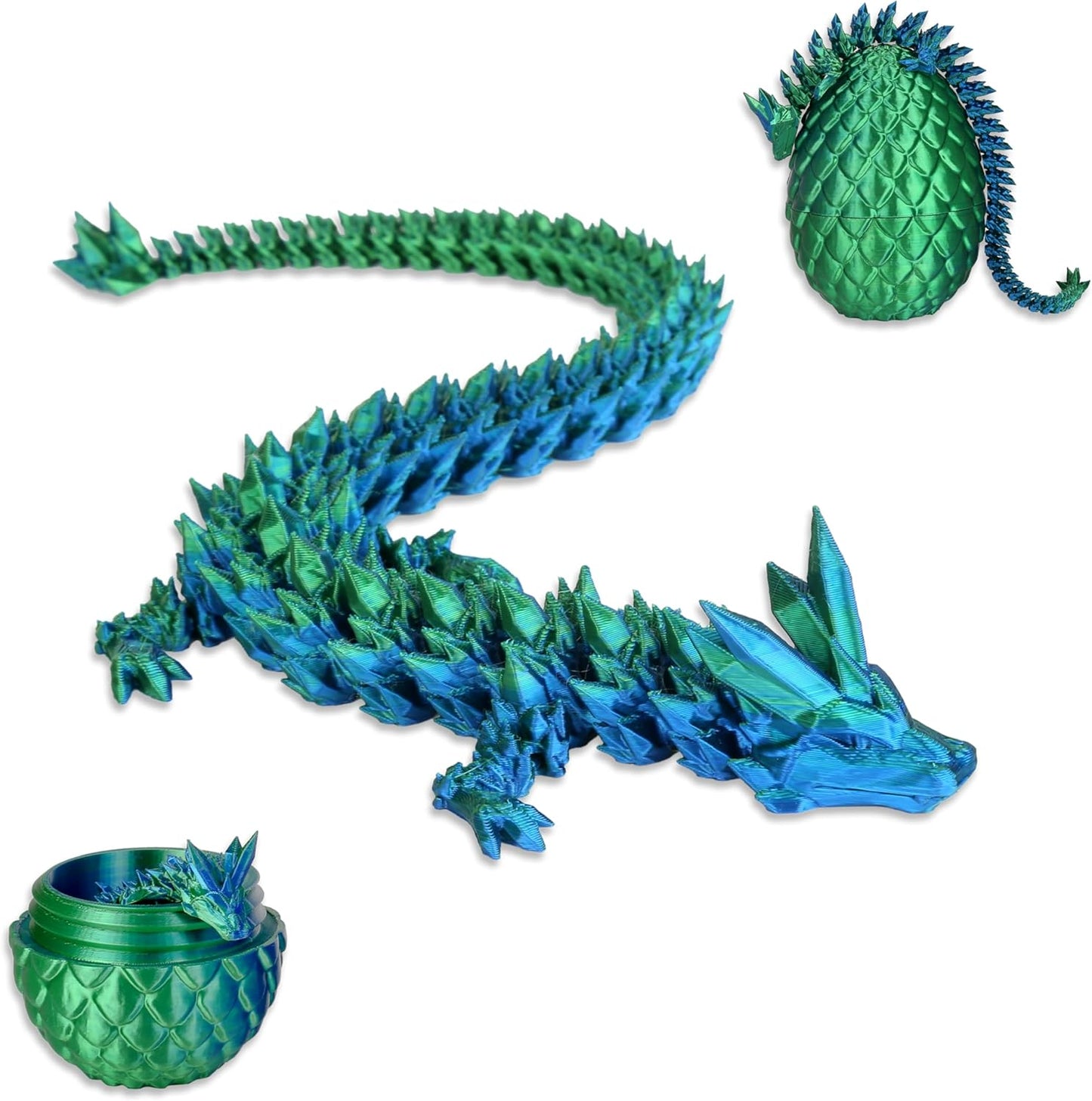 2024 New 3D Printed Dragon in Eggs, 12" Rainbow Crystal Articulated Dragon Fidget Toy for Adult, Easter Eggs Filled with Toys, Home Office Decor Executive Desk Toys (Green)