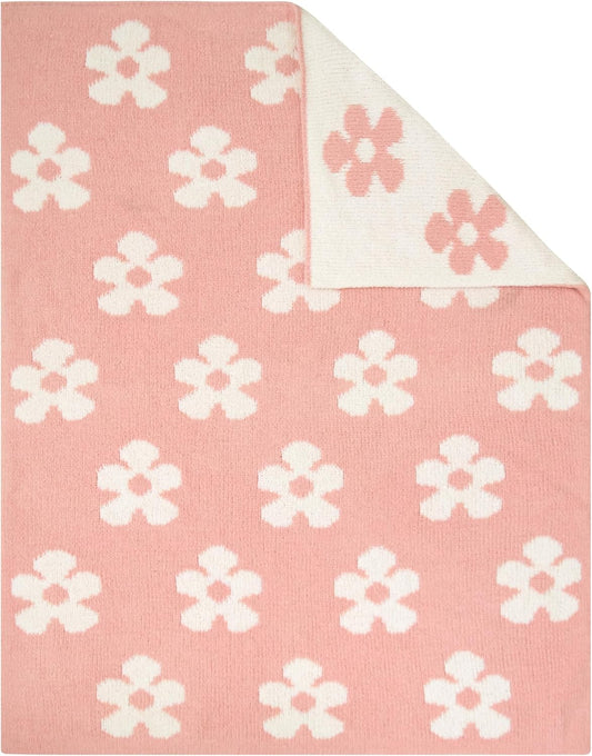 Living Textiles Pink Floral Daisy Chenille Soft Baby Blanket Reversible Premium Cozy Fabric for Best Comfort - for Infant,Toddler,Newborn,Nursery,Girl,Throw,Crib,Stroller,Gift, Pink Floral Daisy 40x30