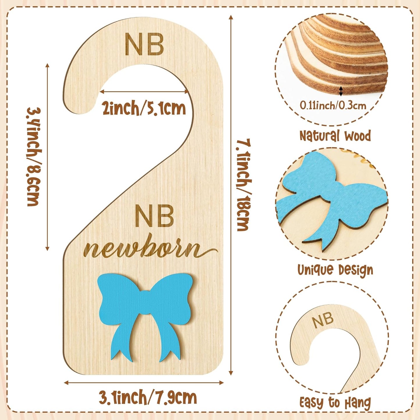 R HORSE Wooden Baby Closet Dividers - 3D Coquette Blue Bow Baby Closet Organizer, 8Pcs Double-Sided Newborn Clothes Size Hanger Dividers, Nursery Decor Birthday Gift for Boy Girl (0-24 Months)