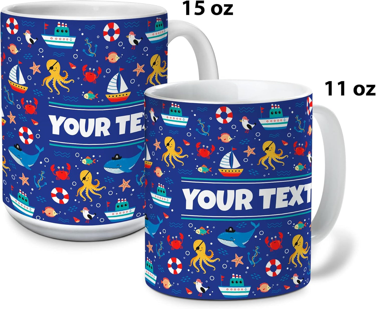 Personalized Mug for Kids - Nautical - Custom Name/Text, Ceramic Hot Chocolate/Cocoa/Coffee Cup for Boys/Girls, Birthday/Christmas/Holiday Gift - 15 oz, Navy Blue Handle
