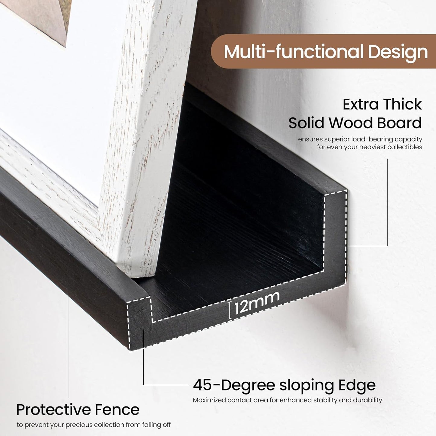 Picture Ledge Shelf, Solid Pine Wood Floating Shelves Set of 2, 48 Inches Nursery Book Shelves for Toys Storage, Kids Bookshelf Wall Mounted for Living Room Bedroom Decor Books Photo Frames, Black