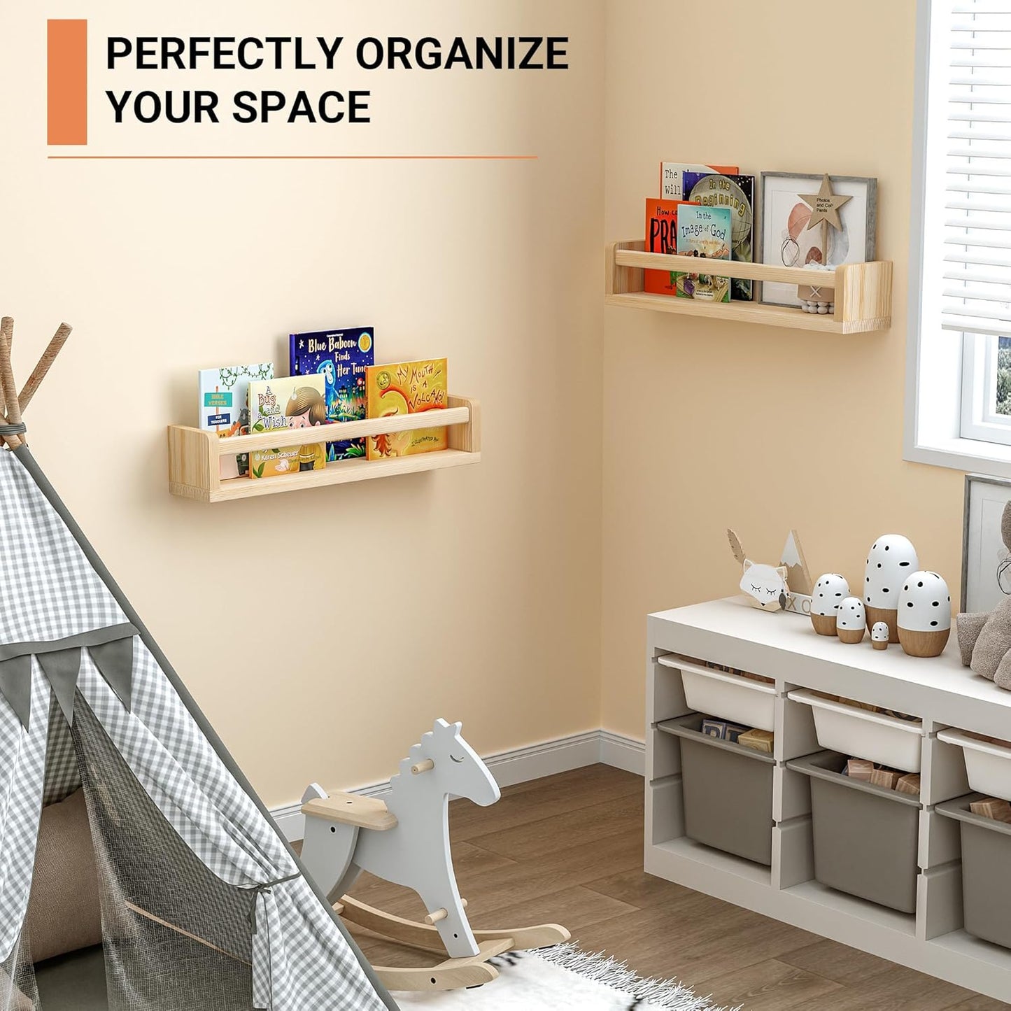 Heimlove Nursery Floating Shelves, Wood Nursery Book Shelves for Wall, 16 inch Wall Bookshelf for Kids Solid Wood Wall Mounted Shelves for Books,Toys and Decor Storage, Set of 3