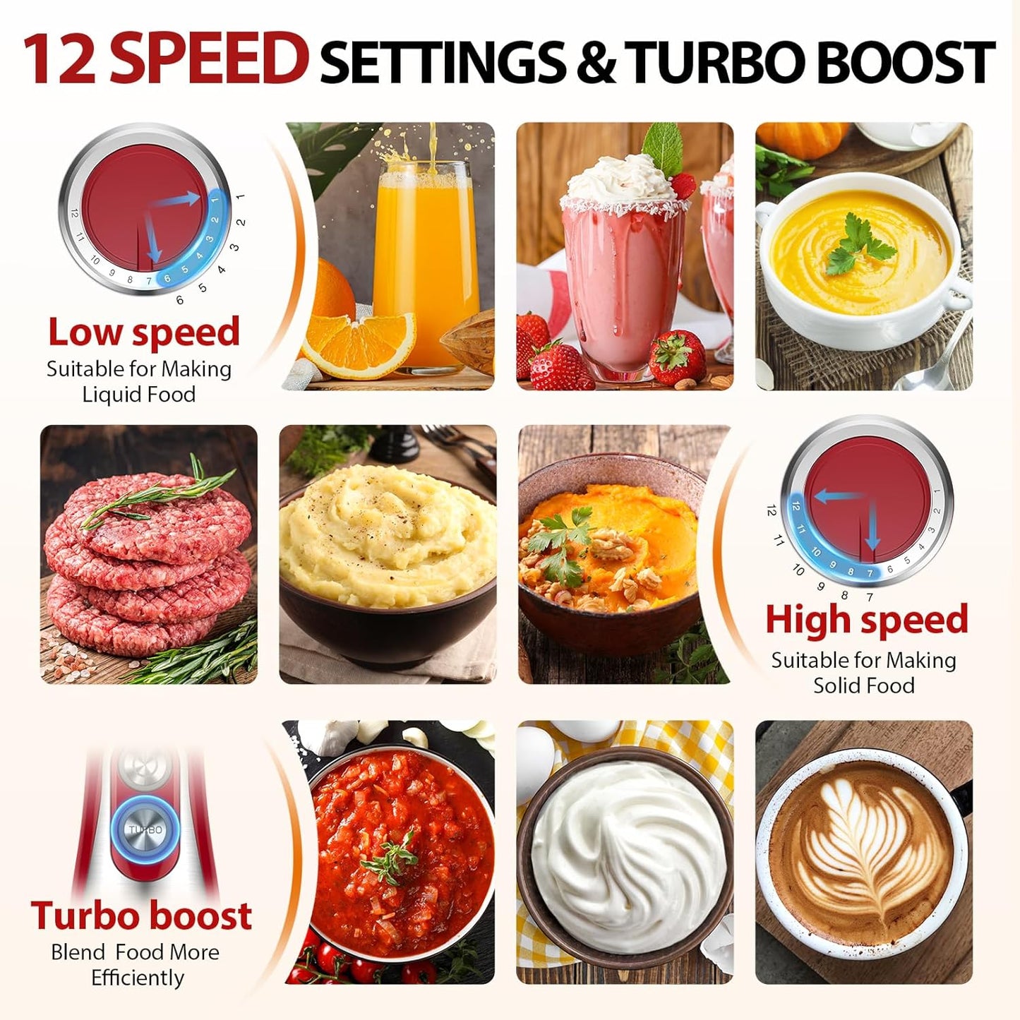 KOIOS Immersion Blender, 1000W Anti-scratch 3-in-1 Hand Blender, Upgraded 12 Speed Stainless Steel Blade Stick Blender with Turbo Mode, Whisk and Milk Frother, Non-BPA, Red