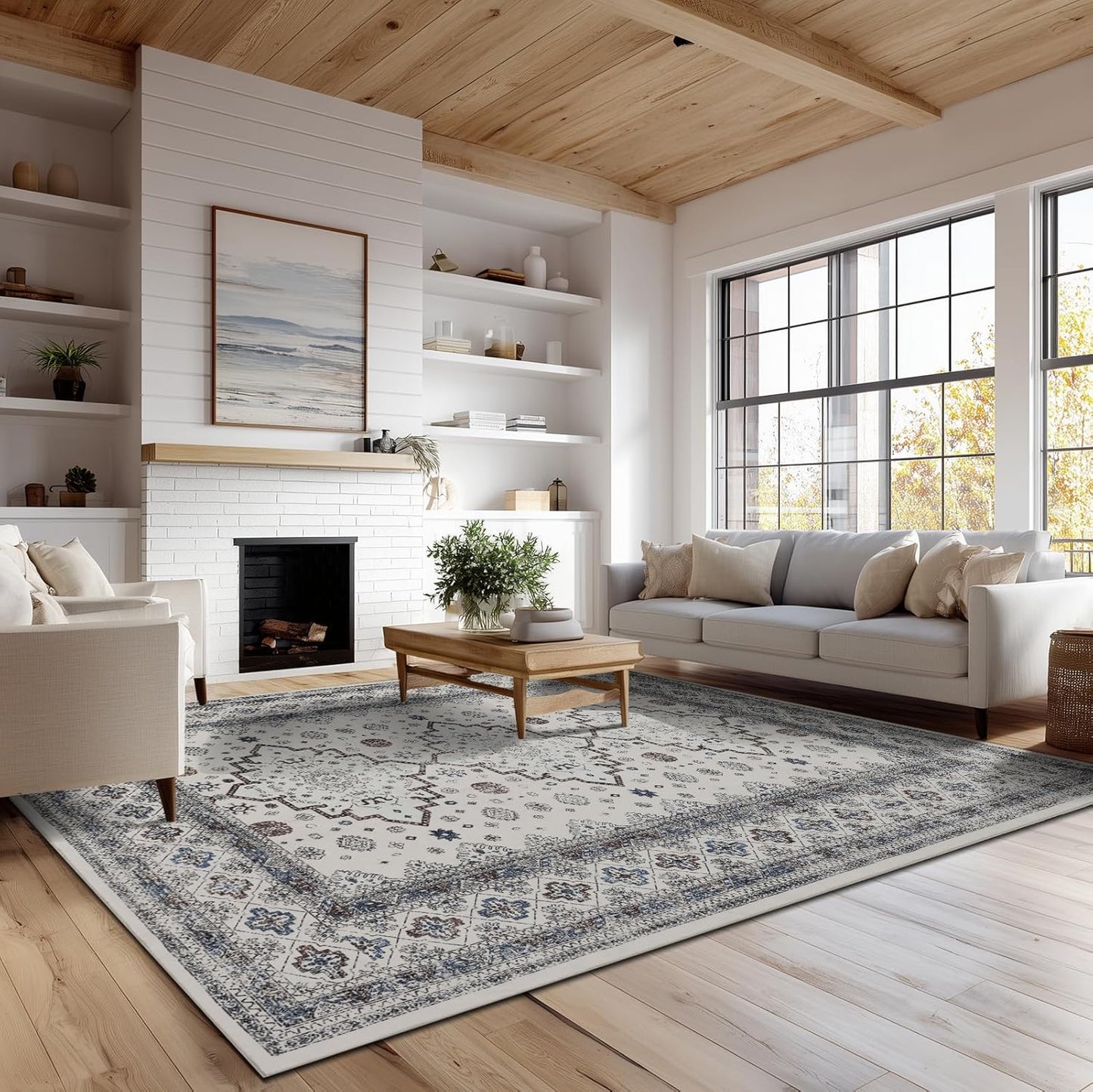 Washable Area Rugs 8x10, Large Rugs for Living Room, Carpet for Bedroom, Soft Faux Wool Retro Dining Room Rug, Non-Slip Backing Resistant Low Pile Vintage Print Rug for Home Office (White Cream/Gray)