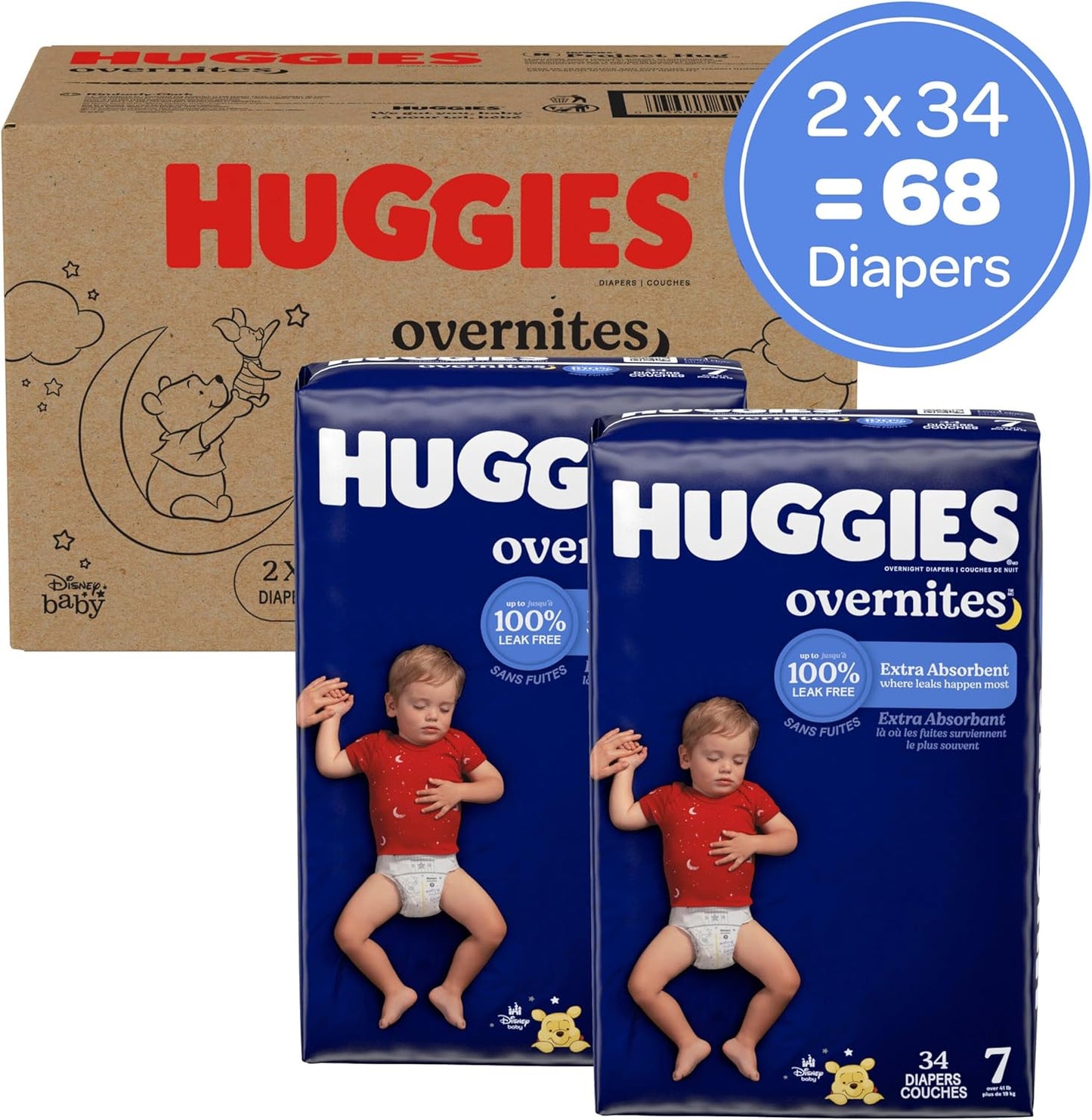 Huggies Size 7 Overnites Baby Diapers: Overnight Diapers, Size 7 (41+ lbs), 68 Ct (2 Packs of 34), Packaging May Vary