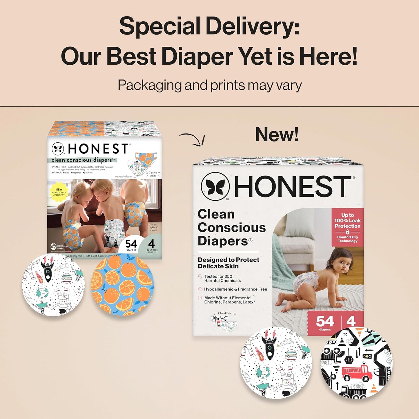The Honest Company Clean Conscious Diapers for Delicate Skin | Up to 100% Leakproof | Hypoallergenic, Fragrance Free | Gender Neutral | Club Box, Size 4 (22-37 lbs), 54 Count (Prints May Vary)