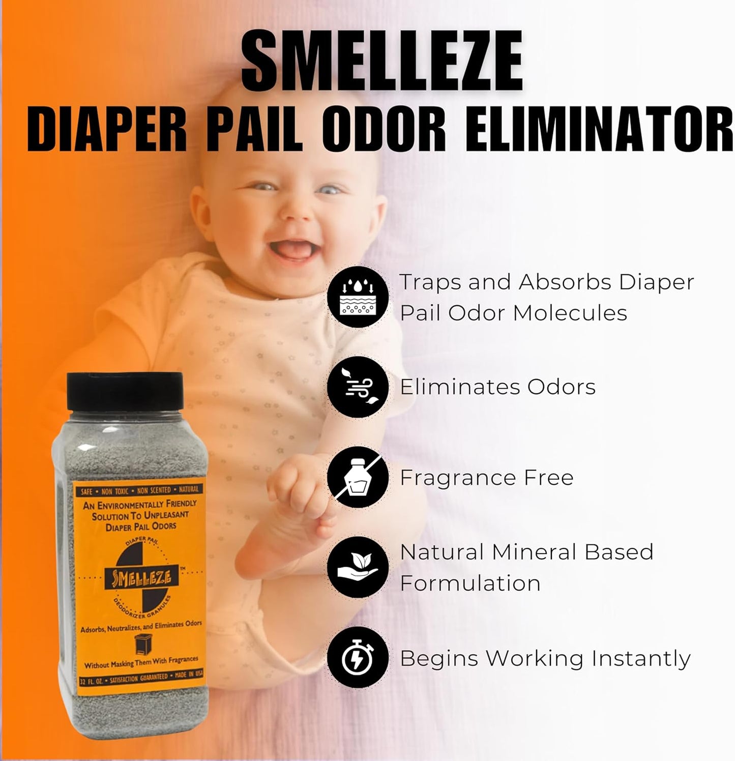 SMELLEZE Diaper Pail Deodorizer, Odor Eliminator for Diaper Pail, Baby Poop Deodorizer & Human Urine Odor Eliminator, Deodorizes Infant & Adult Diaper Pails - 2 lb. Granules