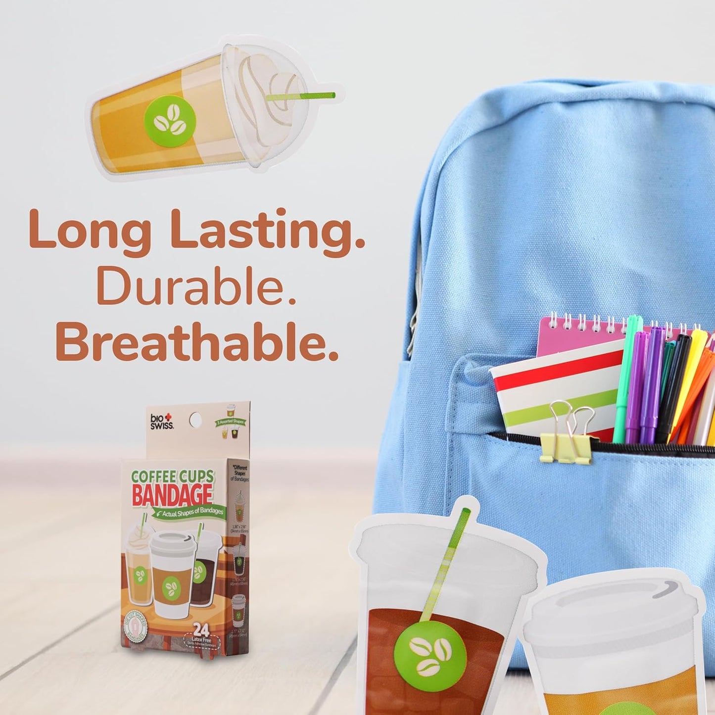 BioSwiss Bandages, Coffee Cup Shaped Self Adhesive Bandage, Latex Free Sterile Wound Care, Fun First Aid Kit Supplies for Kids, 24 Count