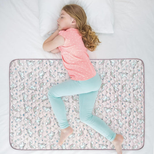 Organic Incontinence Pads for Kids & Toddlers - 5 Layer Waterproof Protectors for Overnight Bed Wetting - Reusable & Washable Pee Pads - Fits Twin to Full Size Beds - 34" x 52" Unicorn