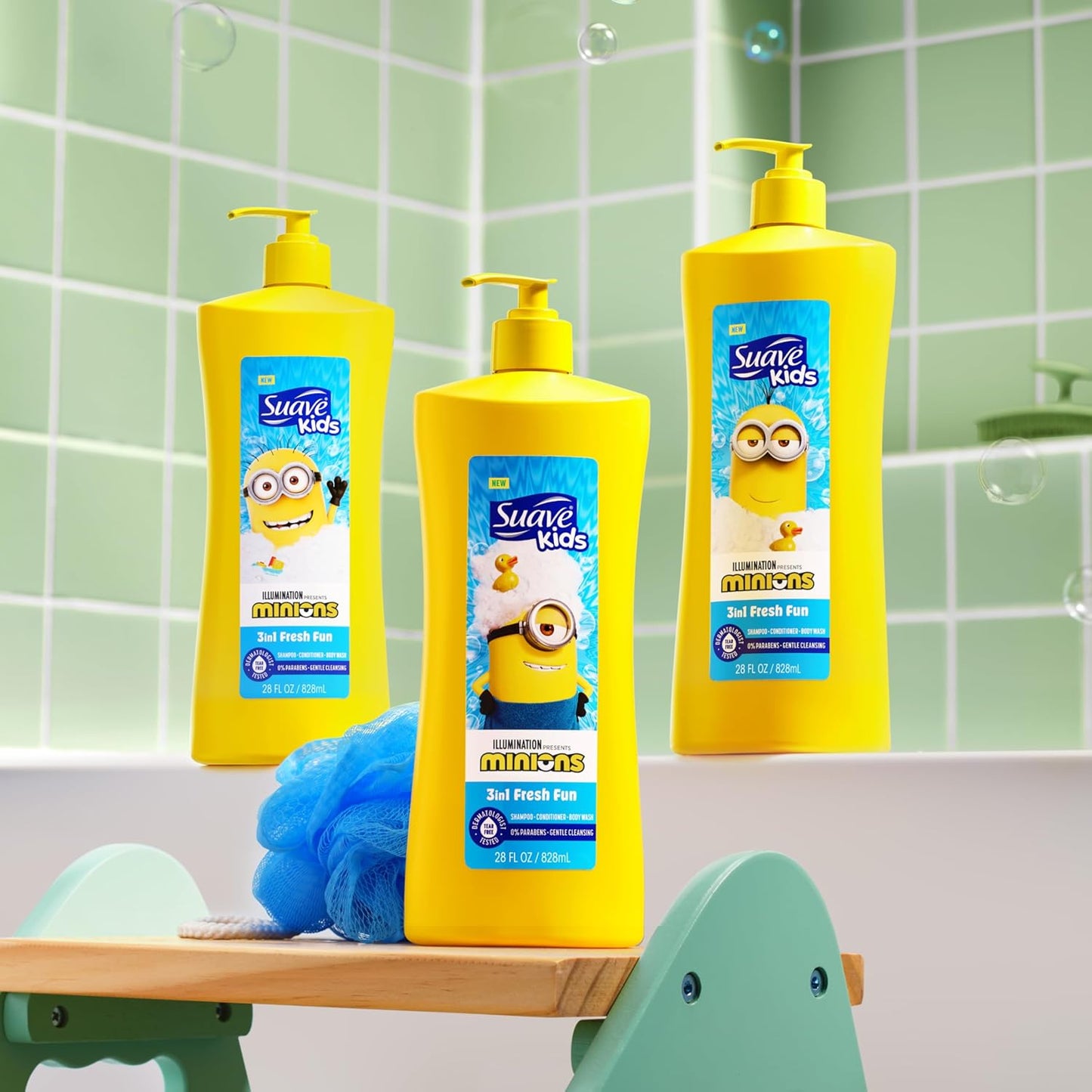 Suave Kids Minions 3-In-1 Shampoo, Conditioner, and Body Wash, For Tear-Free and Gentle Cleansing, 28 oz(Pack of 4)