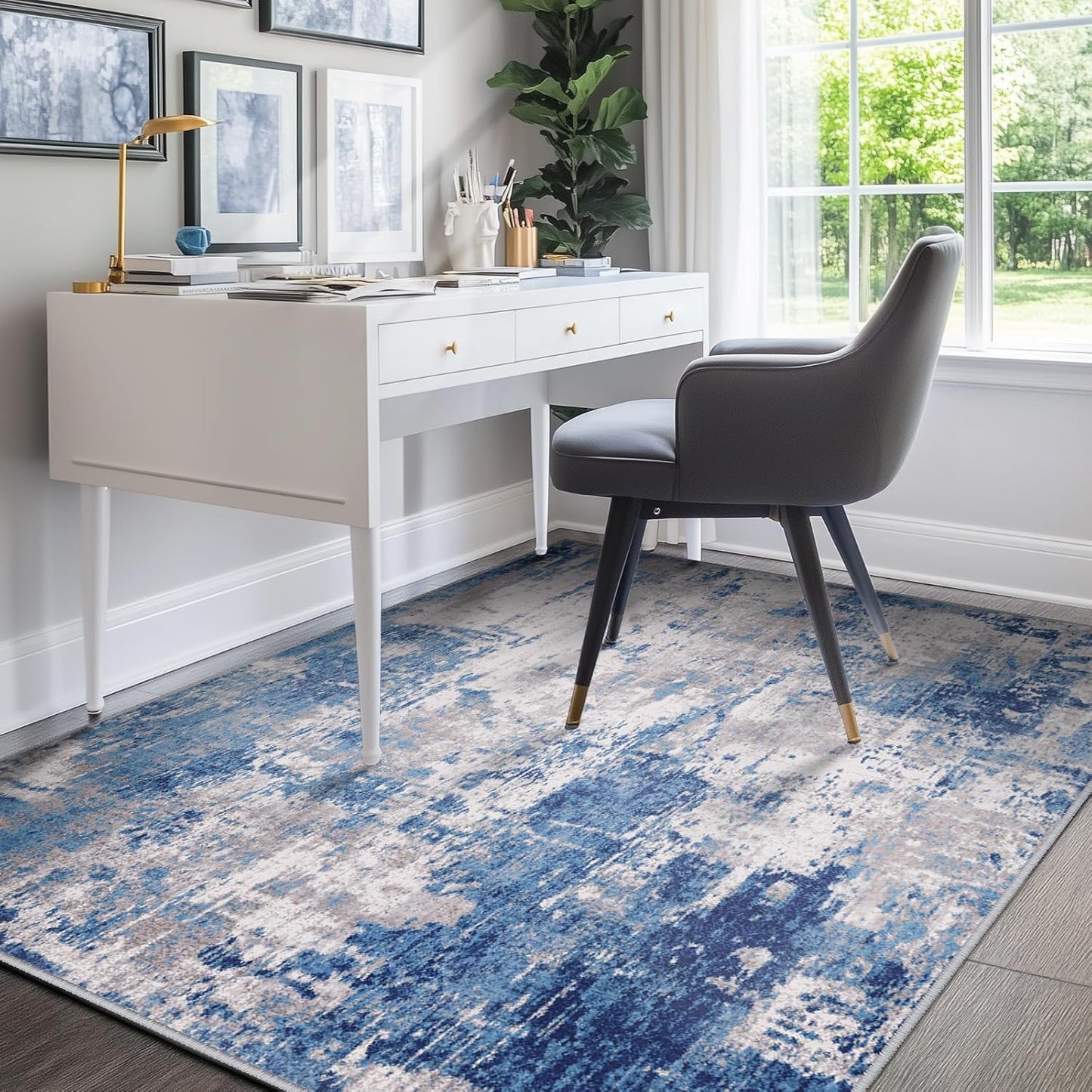 Washable Area Rugs 2'x3' Non-Slip Modern Abstract Soft for Living Room Entryway Bedroom Nursery, Print Pattern, Blue Grey Navy Gray