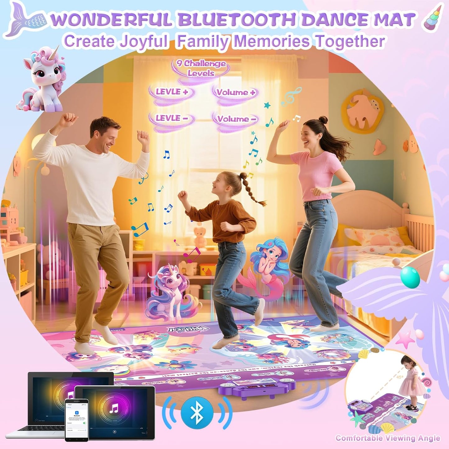 New Mermaid&Unicorn Dance Pad with 2-Players for Kids, Light-up Dancing Mat with Wireless Bluetooth, Birthday for 3 4 5 6 7 8 Year Old Girls Toddlers