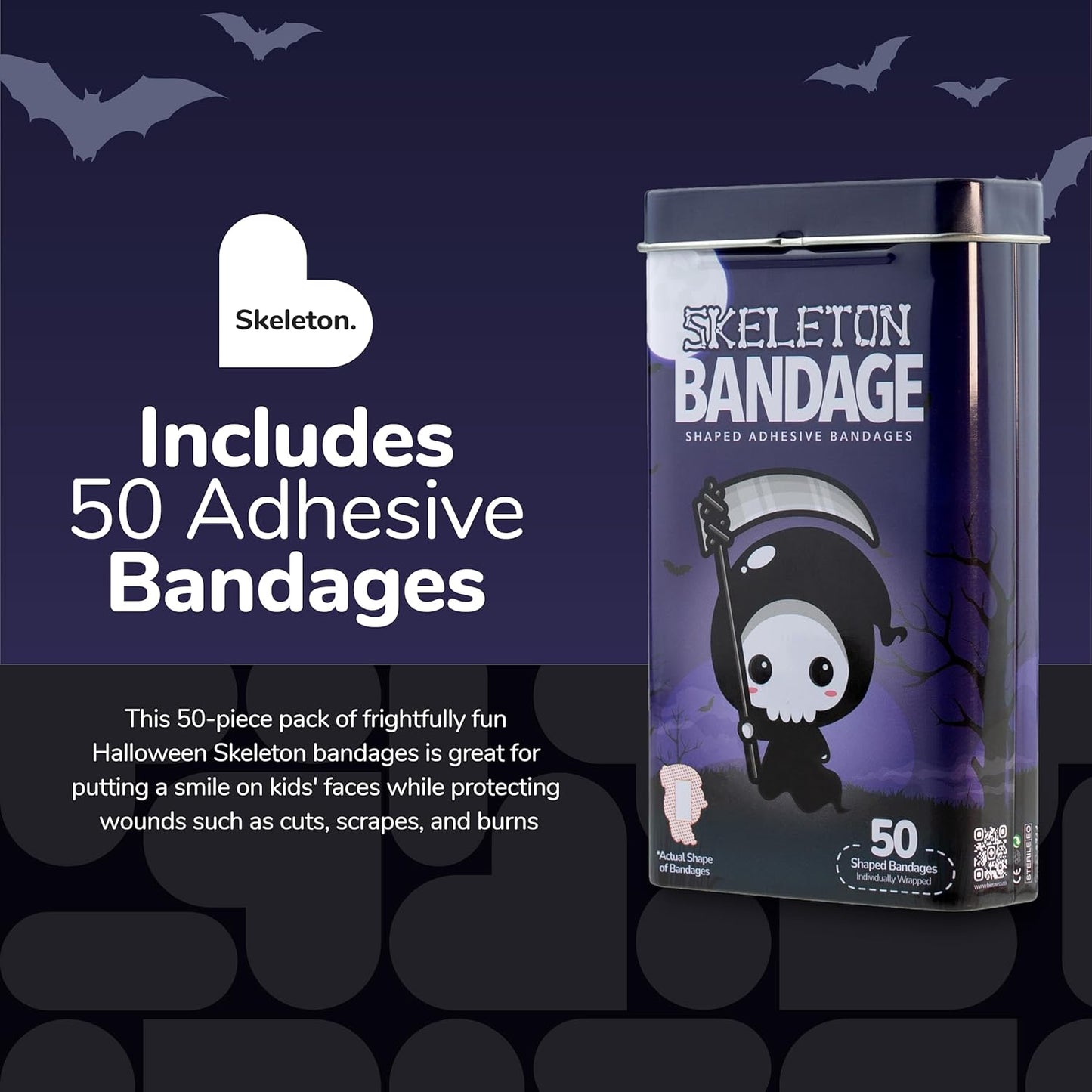 BioSwiss Bandages, Halloween Skeleton Shaped Self Adhesive Bandage, Latex Free Sterile Wound Care, Fun First Aid Kit Supplies for Kids, 50 Count