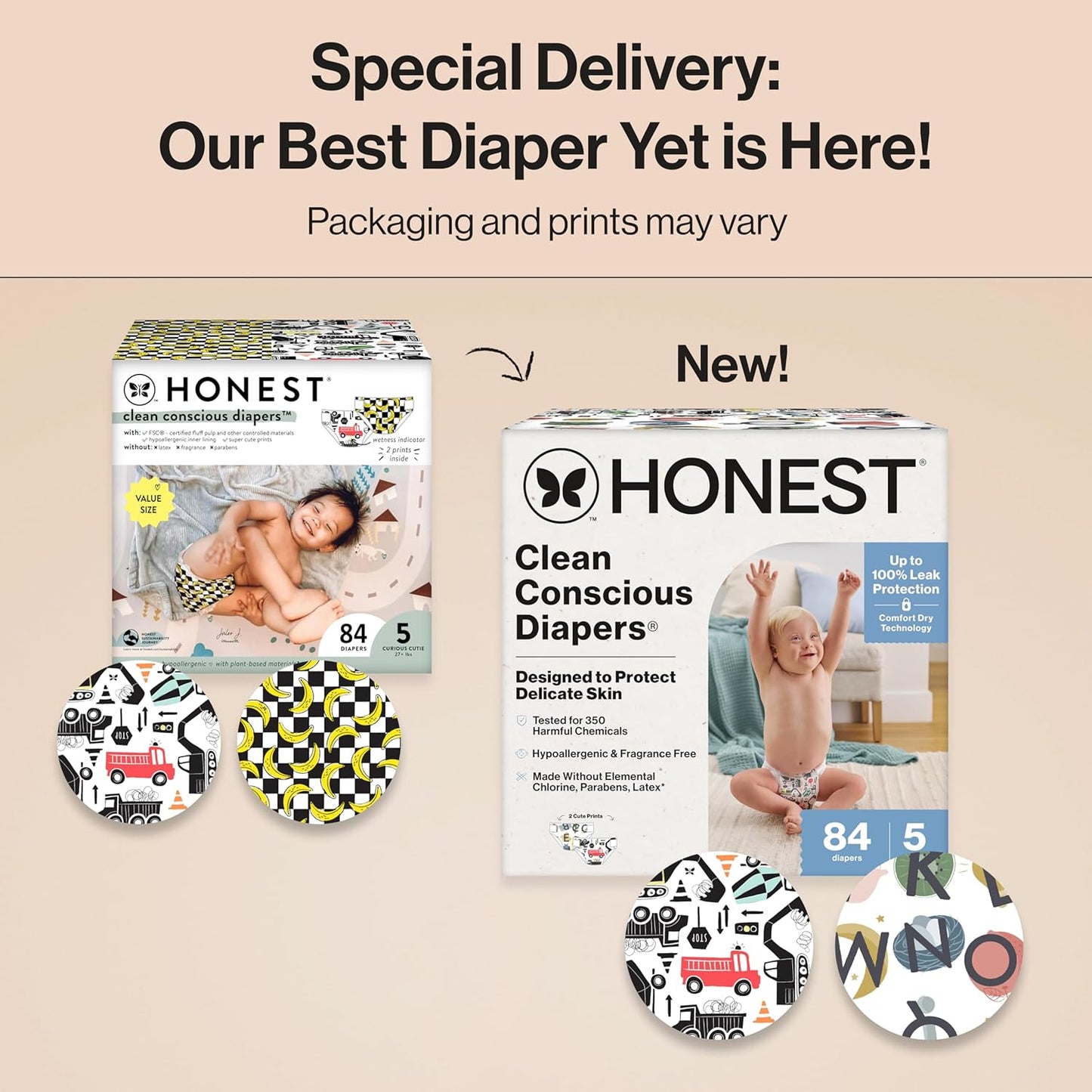 The Honest Company Clean Conscious Diapers for Delicate Skin | Up to 100% Leakproof | Hypoallergenic, Fragrance Free | Gender Neutral | Super Club Box, Size 5 (27+ lbs), 84 Count (Prints May Vary)