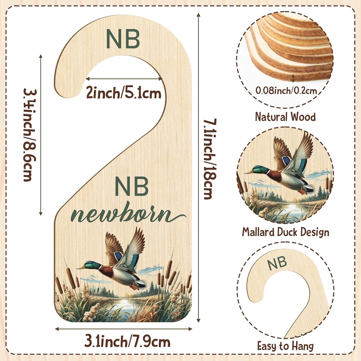 R HORSE Wooden Baby Closet Dividers - 8Pcs Mallard Duck Baby Closet Organizer Double-Sided Newborn Clothes Size Hanger Dividers Nursery Decor Birthday Gift for Boy Girl (0-24 Months)