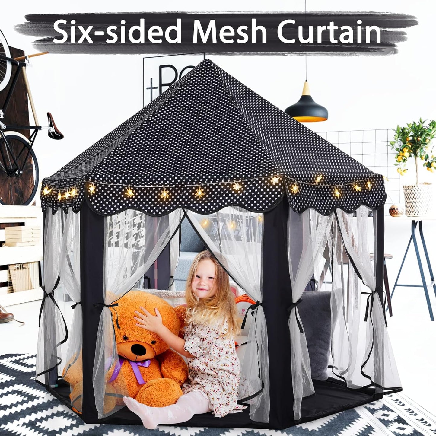 Monobeach Princess Tent Girls Black Large Playhouse Kids Castle Play Tent with Star Lights Gift Toy for Children Indoor and Outdoor Games