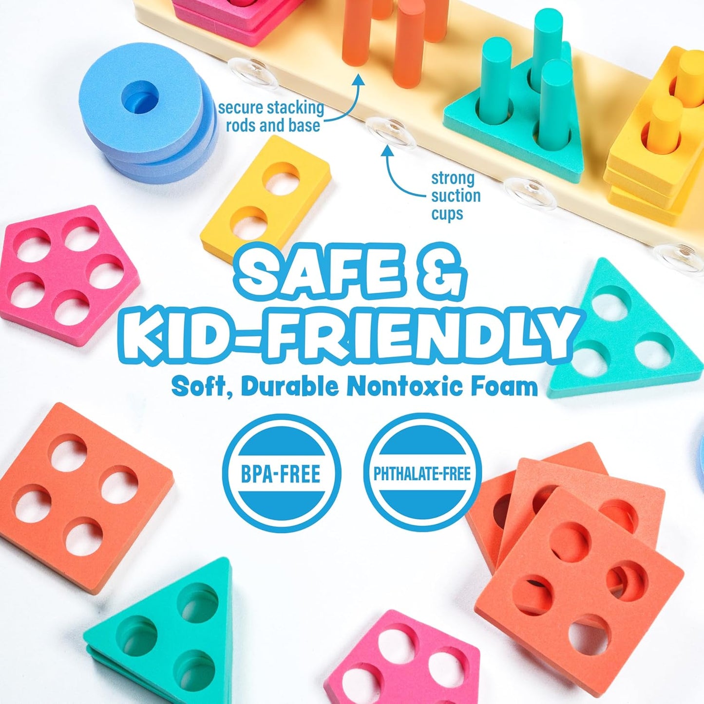 Tub Works® Splash, Stack & Sort™ Shape Sorter & Stacking Toddler Bath Toy | 20 Foam Pieces | Color Sorting & Shape Stacking Kids Bath Toys | Floats & Sticks to Tub Walls | Early Learning Bathtub Toys