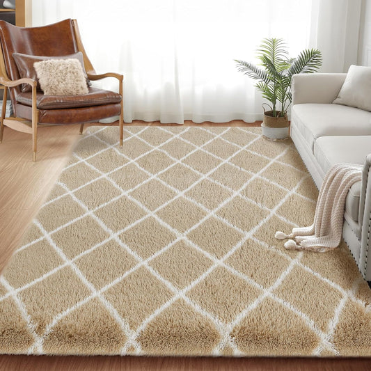 Fluffy Rug for Bedroom, Stripe Checkered Rug Anti-Skid High Pile for Living Room Bedroom Kids Room Nursery, Dorm Home Decor