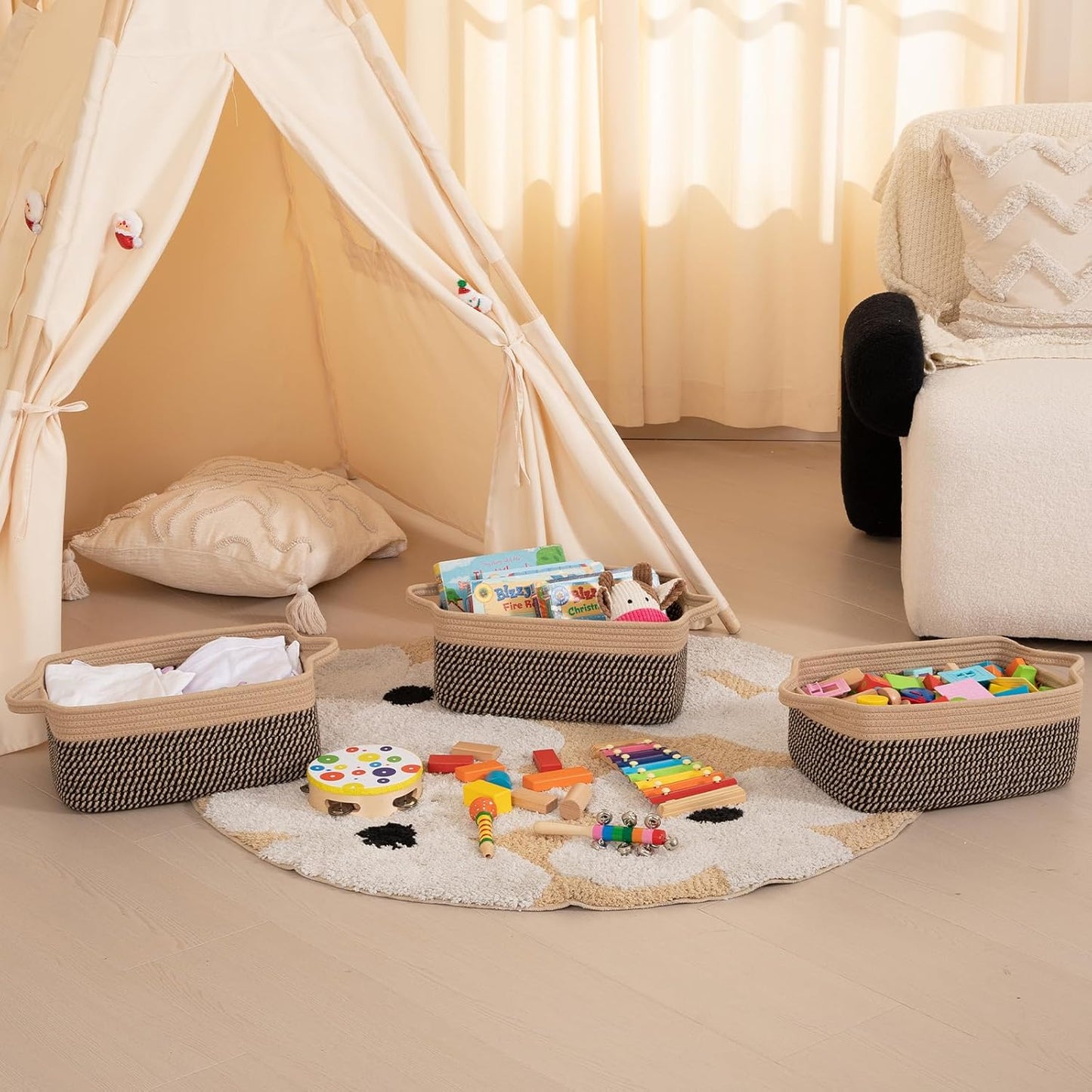 OIAHOMY 3 Pack Storage Baskets for Organizing, Woven Cotton Rope Basket for Shelves, Closet Organizer Bins with Handles, Rectangle Toy Organization, 13.78''×9.84''×5.5'', Brown & Black