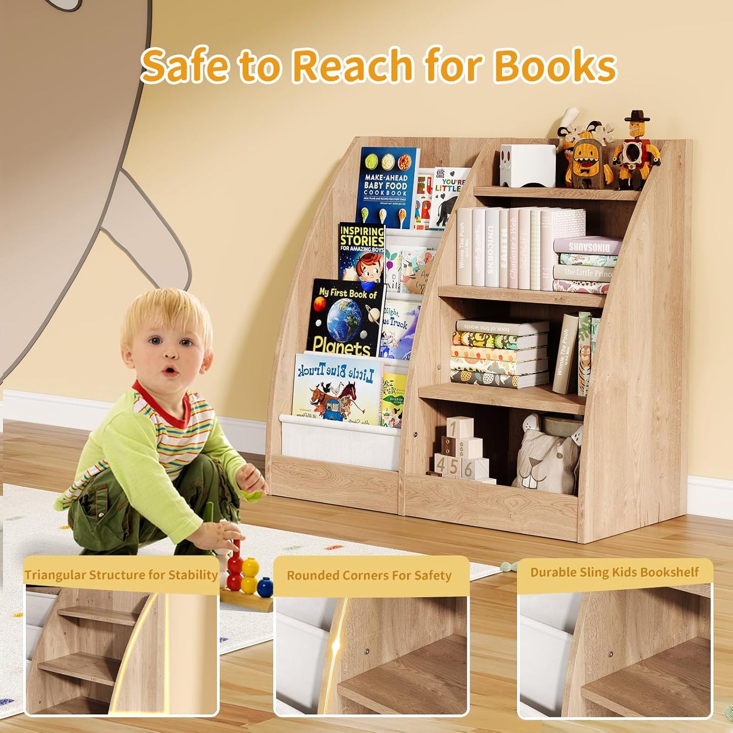 4 Tier Kids Bookshelf,4 Layer Sling Kids Book Shelf for Kids Rooms,Wood Children Bookcase,Baby Storage Book Rack,Toddler Bookshelf, Book and Toy Organizer,Book Display Shelf for Bedroom, Nursery