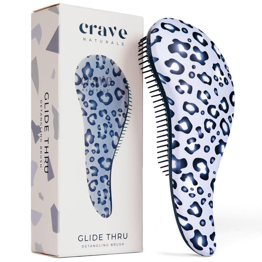 Crave Naturals Glide Thru Detangler Brush - Curly Hair Brush for Women and Kids - Wet and Dry Comb for Adults - Soft Flexible Bristles for Gentle Use - Styling Tool for Curls - Blue Cheetah