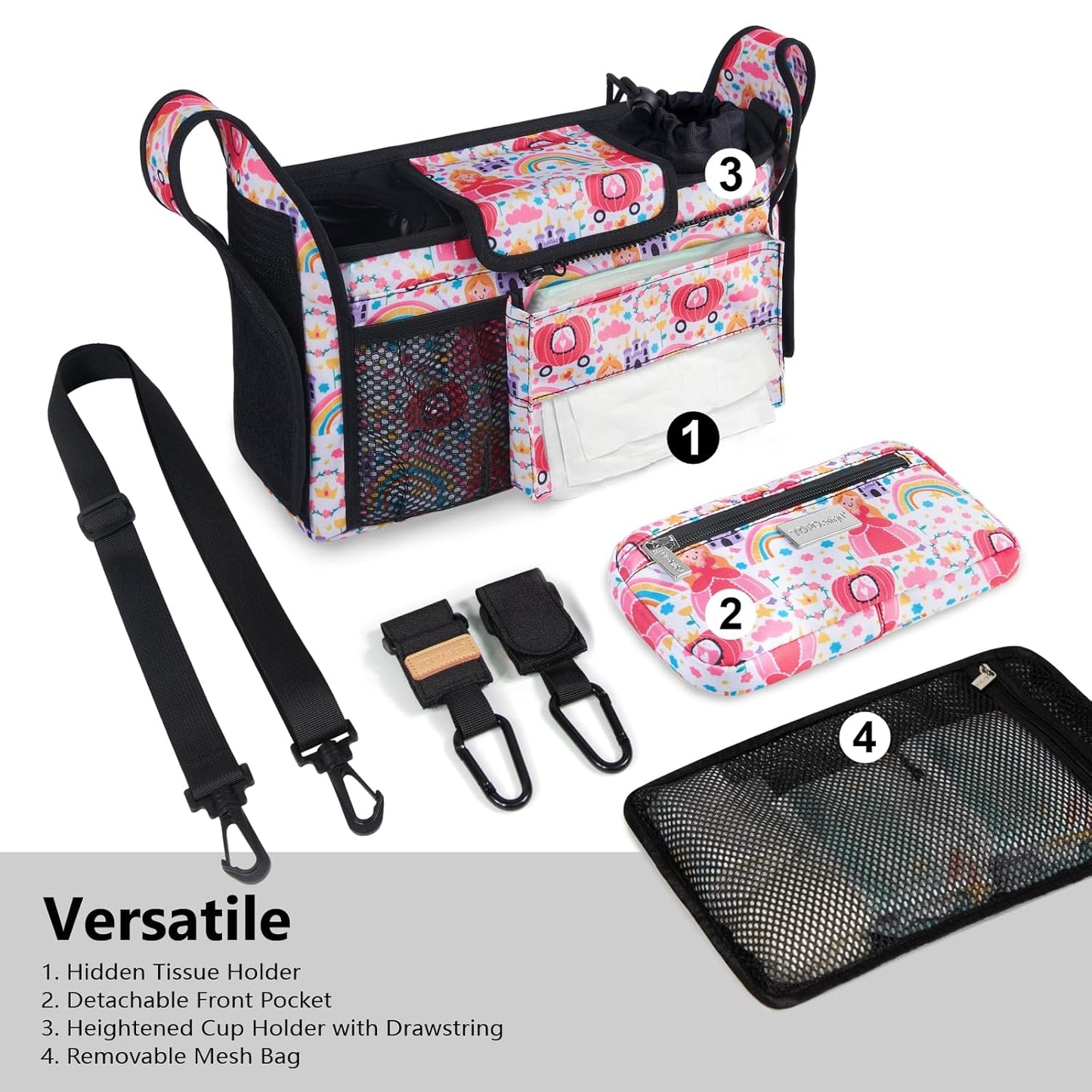 TOPDesign Universal Baby Stroller Organizer, Stroller Caddy with Detachable Mesh Bag & Heightened Insulated Cup Holders & Non-Slip Secure Hooks Accessories, Fits Most Strollers (Pumpkin Princess)