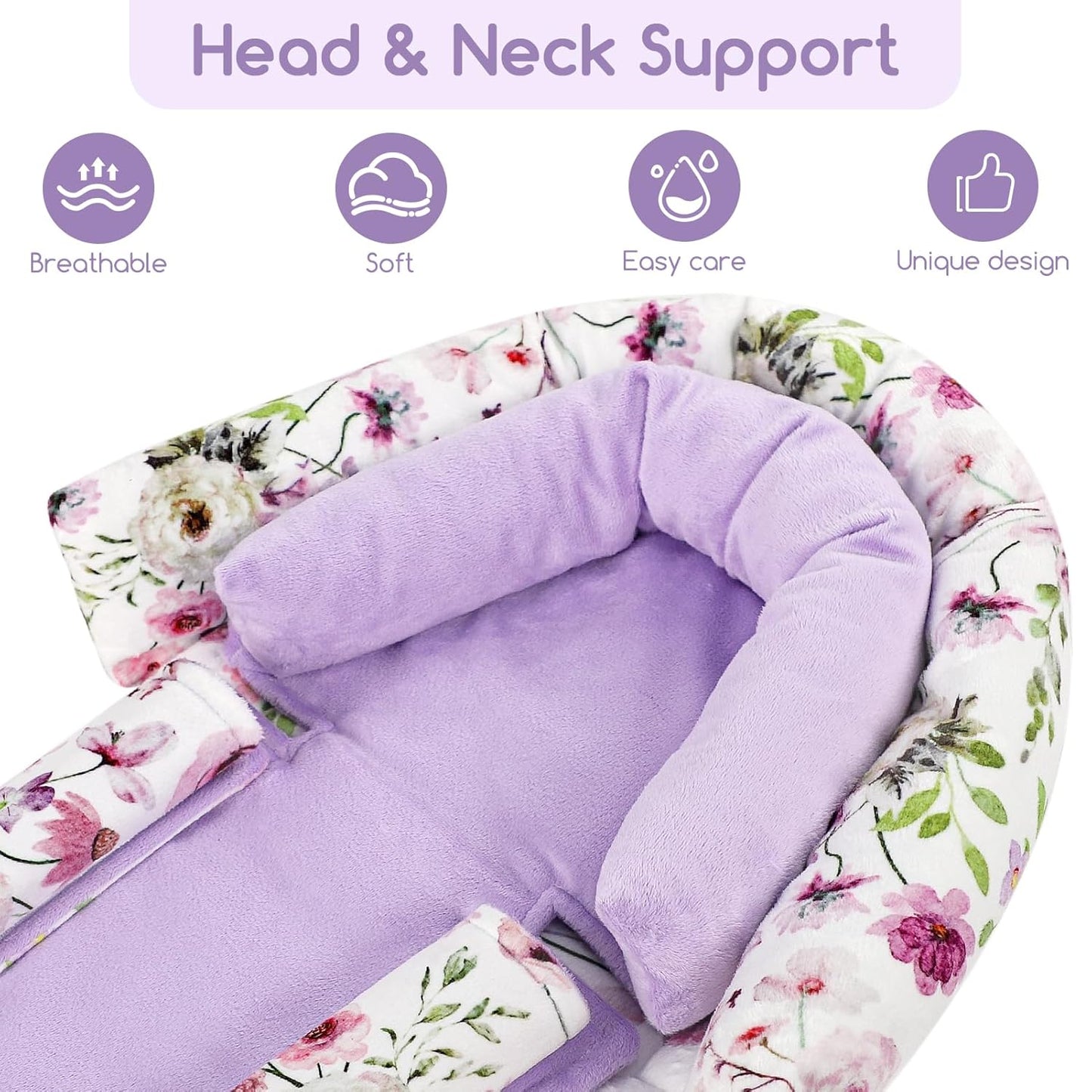 GFU Baby Car Seat Head Support for Newborn, 2 in 1 Infant Car Seat Head Body Support with Strap Pads, Soft Stroller Cushion Pillow Insert for Girls and Boys, Fits for Stroller, Swing, Purple Floral