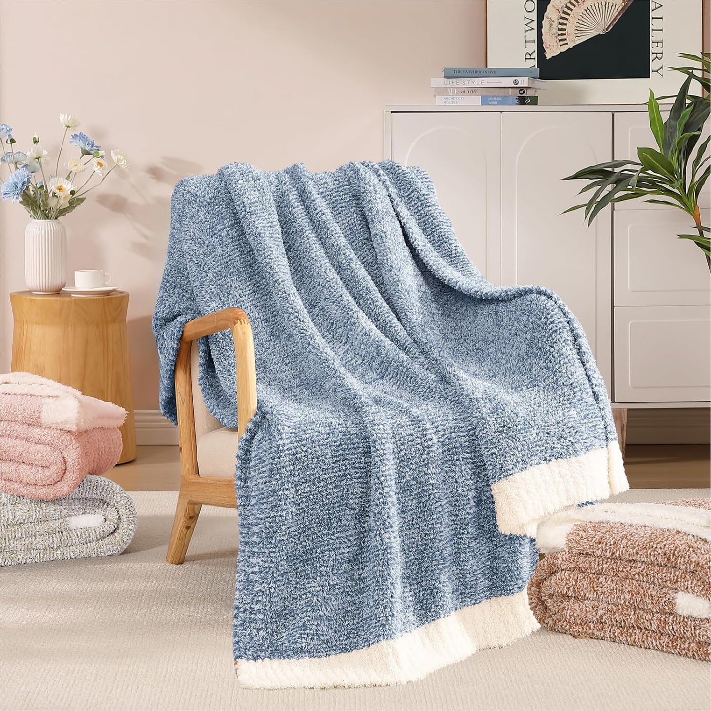 WRENSONGE Throw Blanket Cationic Dyeing Blue Soft Cozy Fluffy Warm Hand Made Throw Blankets for Couch, Sofa, Chair, Bed, Camping, Picnic, Travel Lightweight Bed Blanket - 50"*60"