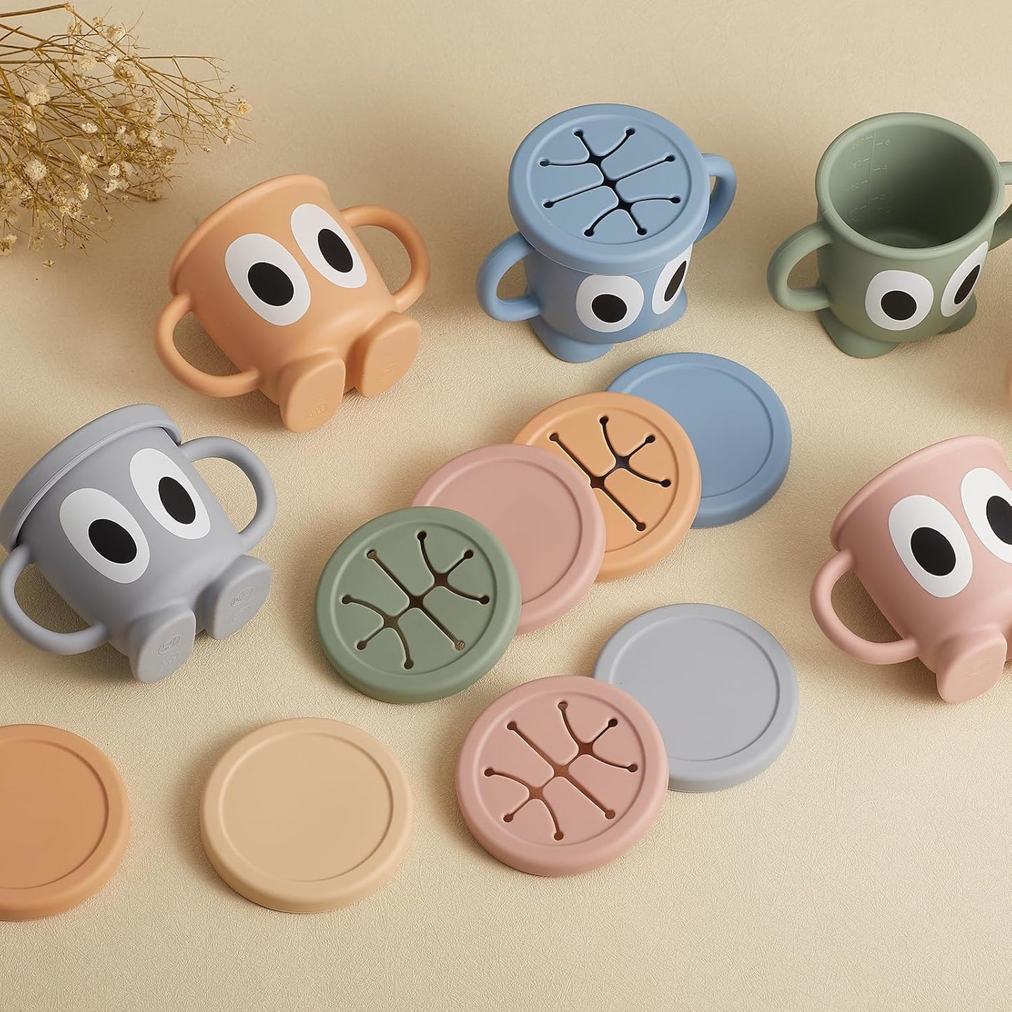 Silicone Snack Cups Food Container for Toddlers and Babies, Spill Proof Training Cup with Snack Cup Lid & Dust Proof Lid, Comes with a toy strap, Without BPA, Lead, or Phthalates (Ether & Sage)