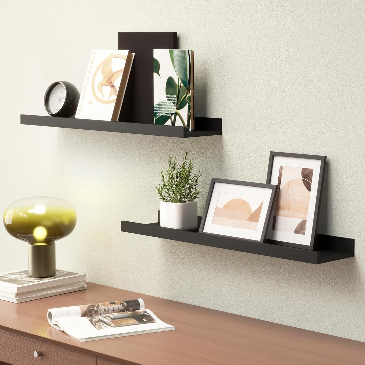 Long Floating Shelves, 2 Set Modern Black Wall Shelf for Bedroom, Nursery Book Shelf with Lip, Picture Ledge Shelf for Living Room Bathroom Kitchen - Black,23.6 In