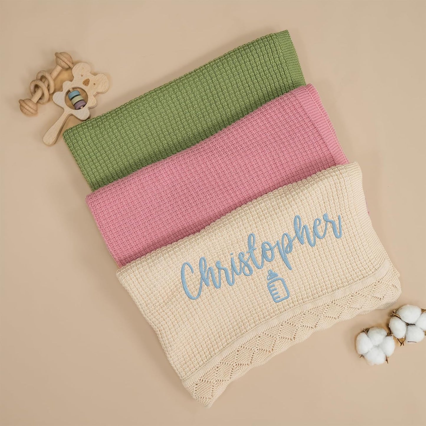 Custom Embroidered Baby Blanket, Personalized Knitted Cotton Blanket with Name for Newborn Boys and Girls, Personalized Infant Swaddle Gift