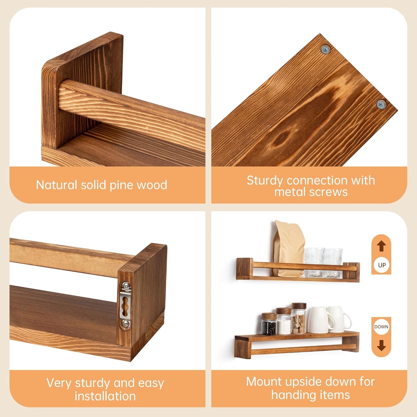 Fun Memories Nursery Book Shelves - Rustic Natural Solid Wood Floating Bookshelf for Kids - Wall Book Shelves for Kids Room (Carbonized, 32inch - 2P)