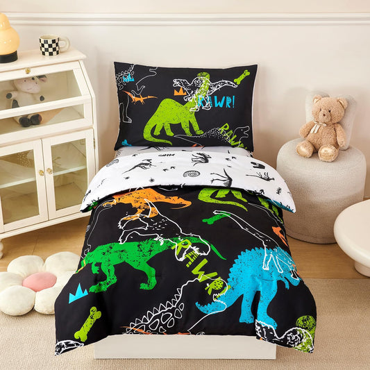 PERFEMET 4-Piece Boys Toddler Bedding Sets Cartoon Dinosaur Comforter Set for Girls Kids Soft Reversible Colorful Animal Bed Set for Toddler(Dinosaur, Toddler)