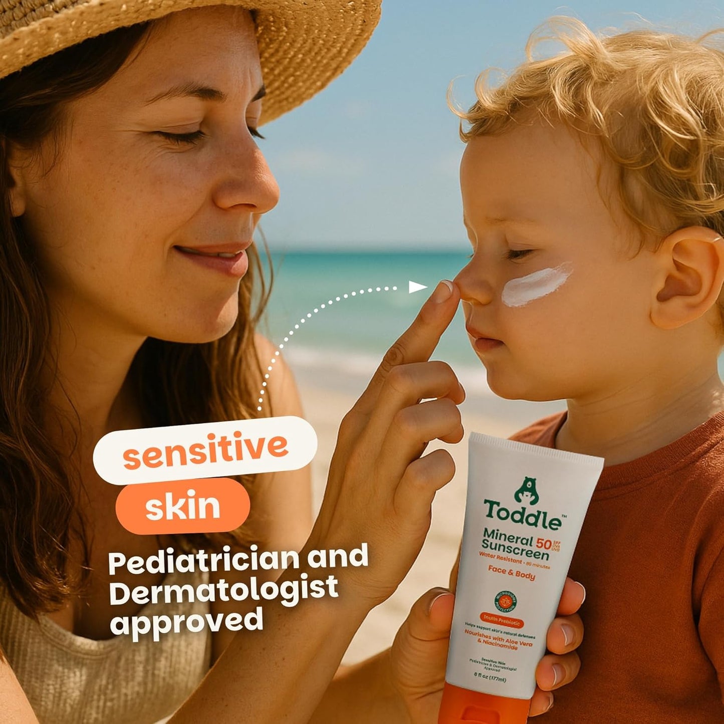 Prebiotic Mineral Sunscreen SPF 50 for Kids & Baby, Face & Body Sun Protection, Reef Safe, Non-Toxic Zinc Oxide Broad Spectrum, Water-Resistant, No White Cast, 6oz