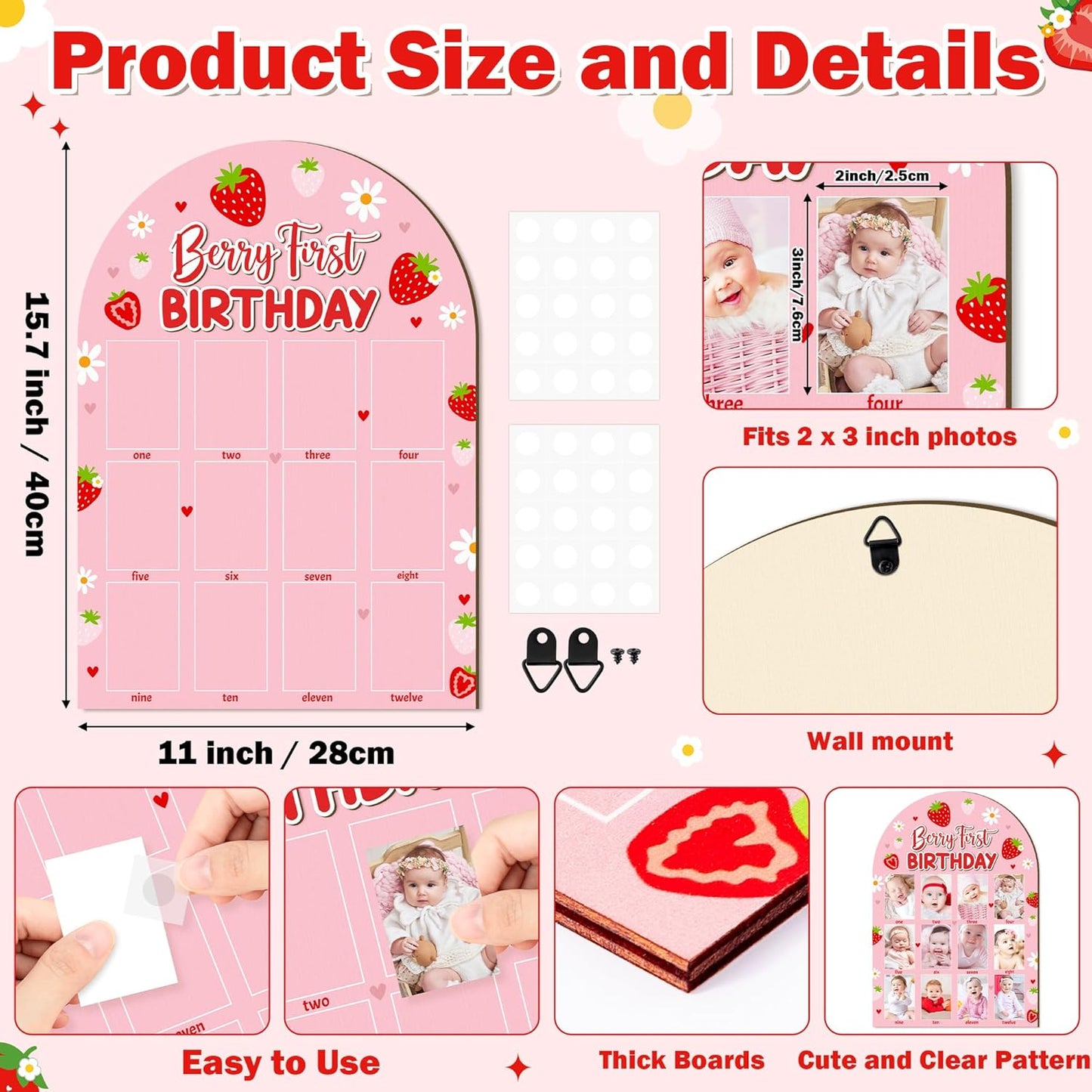 R HORSE 3D Berry First Birthday Wood Photo Display Board, Pink Strawberry Baby's First Year Picture Frame, 1-12 Months Milestone Board Birthday Decorations Keepsake Gift for Baby Girls Nursery Decor